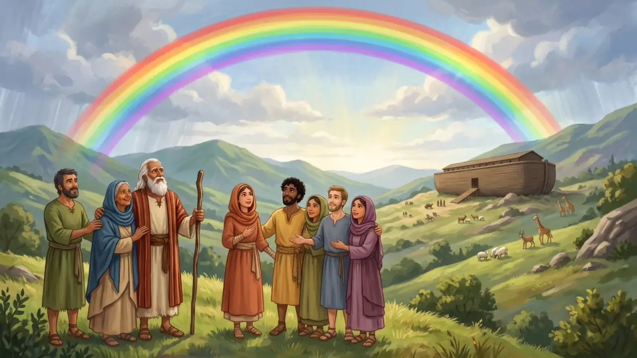 A rainbow over Noah’s family and the hills