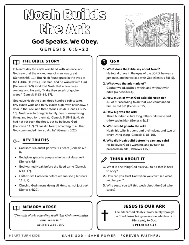 The back of the Noah Builds the Ark sheet: the Bible story, questions and answers, key truths, the memory verse and Jesus is our ark